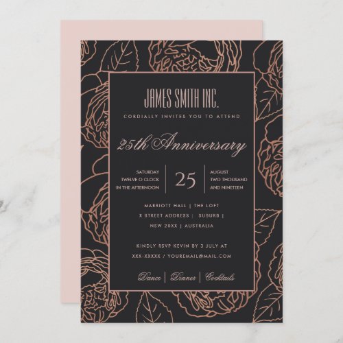 BLUSH ROSE GOLD FLORAL BLACK CORPORATE PARTY EVENT INVITATION