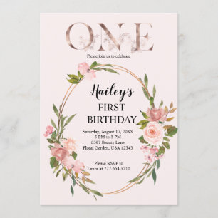 Blush & Rose Gold Floral First Birthday Invitation