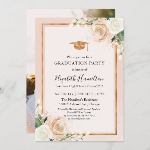 Blush  Rose Gold Floral Graduation Party Photo Invitation