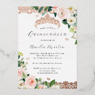 Blush Rose Gold Floral Lace Quinceanera Foil Invitation