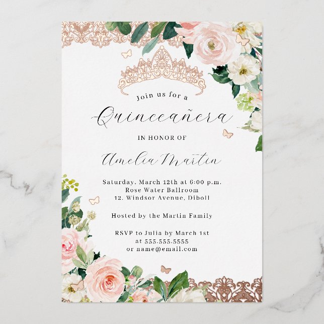 Blush Rose Gold Floral Lace Quinceanera   Foil Invitation (Front)