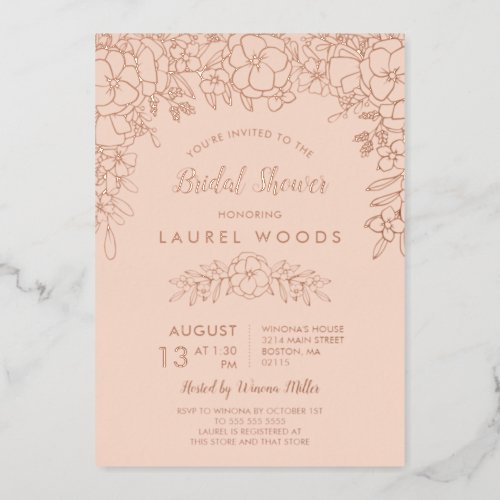 Blush  Rose Gold Floral Line Art Bridal Shower Foil Invitation