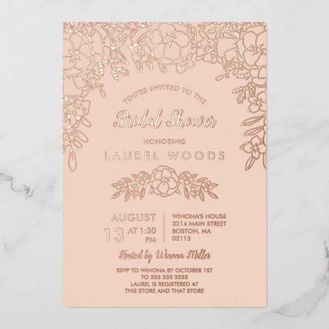 Blush & Rose Gold Floral Line Art Bridal Shower Foil Invitation (Front)