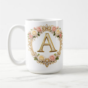 Blush Rose Gold Floral Monogram Letter A Wedding Coffee Mug