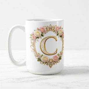 Blush Rose Gold Floral Monogram Letter C Wedding Coffee Mug