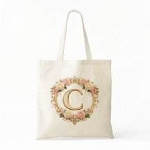 Blush Rose Gold Floral Monogram Letter C Wedding
