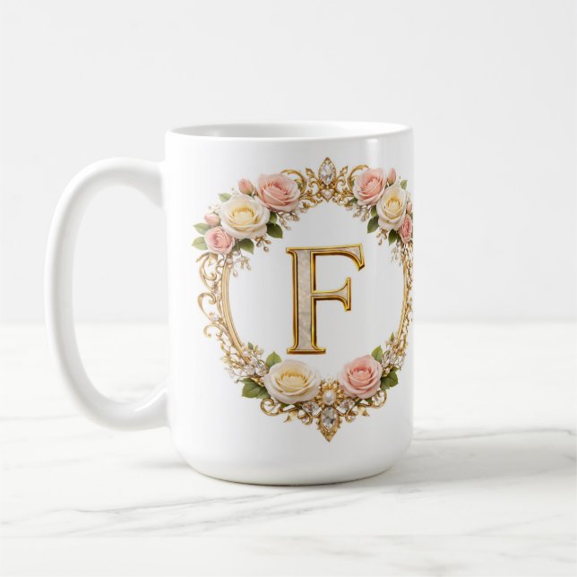 Blush Rose Gold Floral Monogram Letter F Wedding Coffee Mug (Left)