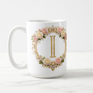 Blush Rose Gold Floral Monogram Letter I Wedding Coffee Mug