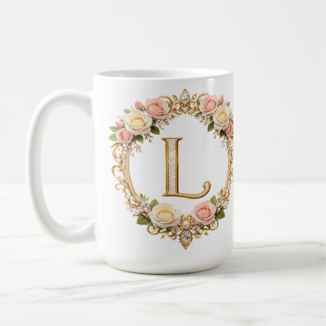 Blush Rose Gold Floral Monogram Letter L Wedding Coffee Mug (Left)