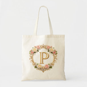 Blush Rose Gold Floral Monogram Letter P Wedding Tote Bag