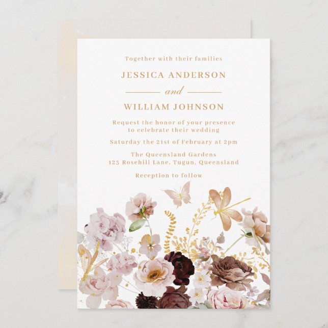 Blush & Rose Gold Floral Peony Butterflies Wedding Invitation (Front/Back)
