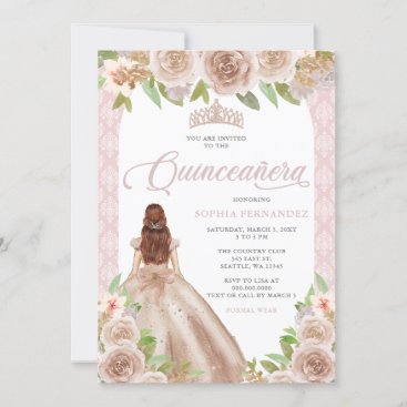Blush Rose Gold Floral Princess Tiara Quinceañera Invitation