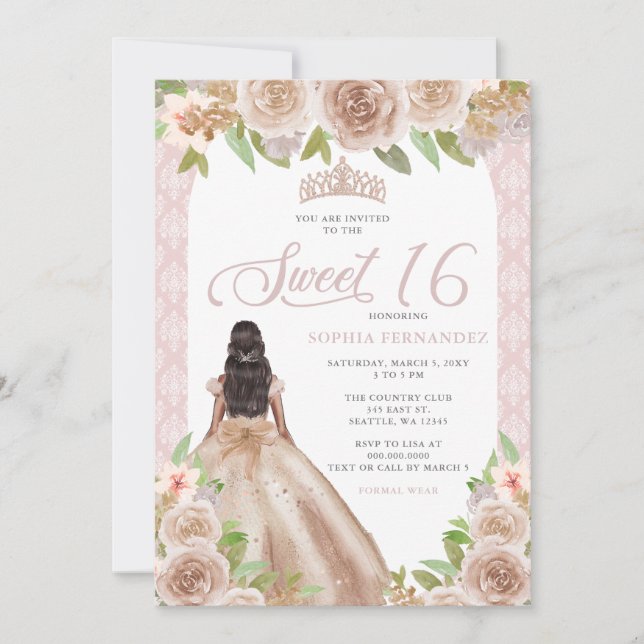 Blush Rose Gold Floral Princess Tiara Sweet 16 Invitation (Front)
