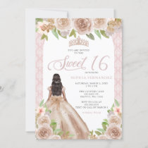 Blush Rose Gold Floral Princess Tiara Sweet 16 Invitation