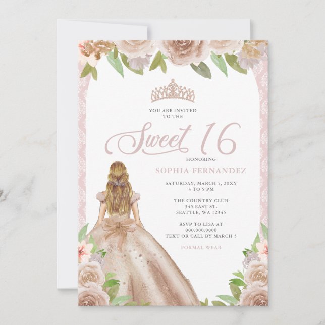 Blush Rose Gold Floral Princess Tiara Sweet 16 Invitation (Front)