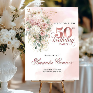 Blush Rose Gold Floral Style 50th Birthday Welcome Foam Board