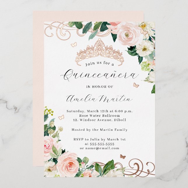 Blush Rose Gold Floral Swirl Quinceanera   Foil Invitation (Front/Back)