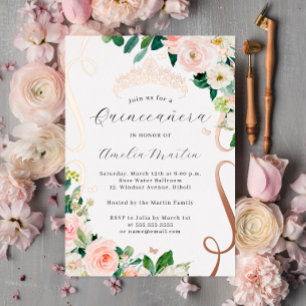 Blush Rose Gold Flower Scroll Quinceanera Foil Invitation