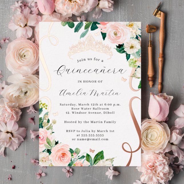 Blush Rose Gold Flower Scroll Quinceanera   Foil Invitation (Creator Uploaded)