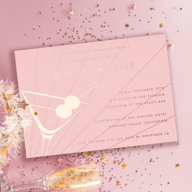 Blush Rose Gold Foil Martini Bachelorette Party Foil Invitation (Creator Uploaded)