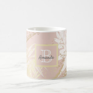 Blush rose gold foliage leaves monogram coffee mug