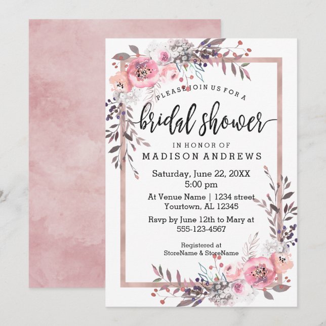 Blush & Rose Gold Framed Bridal Shower Invitation (Front/Back)