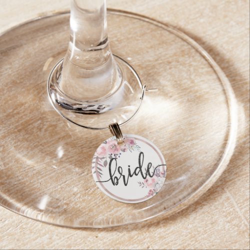 Blush  Rose Gold Framed Floral Wedding Bride Wine Glass Charm