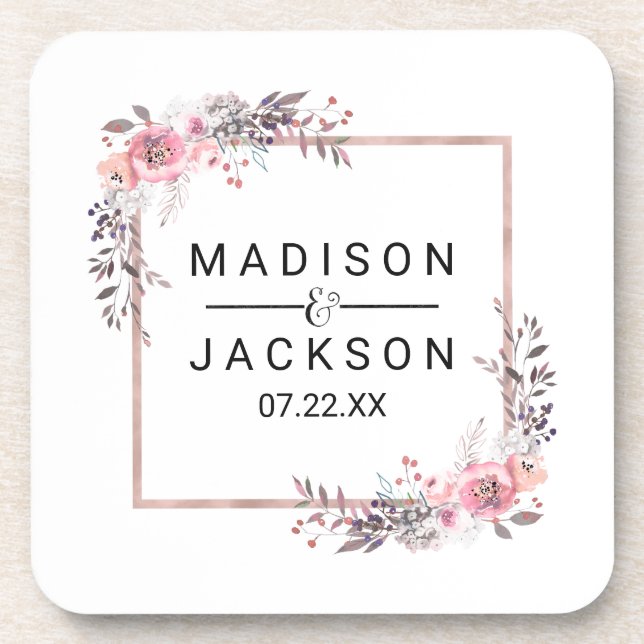 Blush & Rose Gold Framed Floral Wedding Monogram Beverage Coaster (Front)