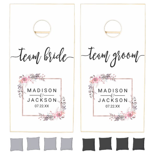 Blush & Rose Gold Framed Floral Wedding Monogram Cornhole Set (Set)