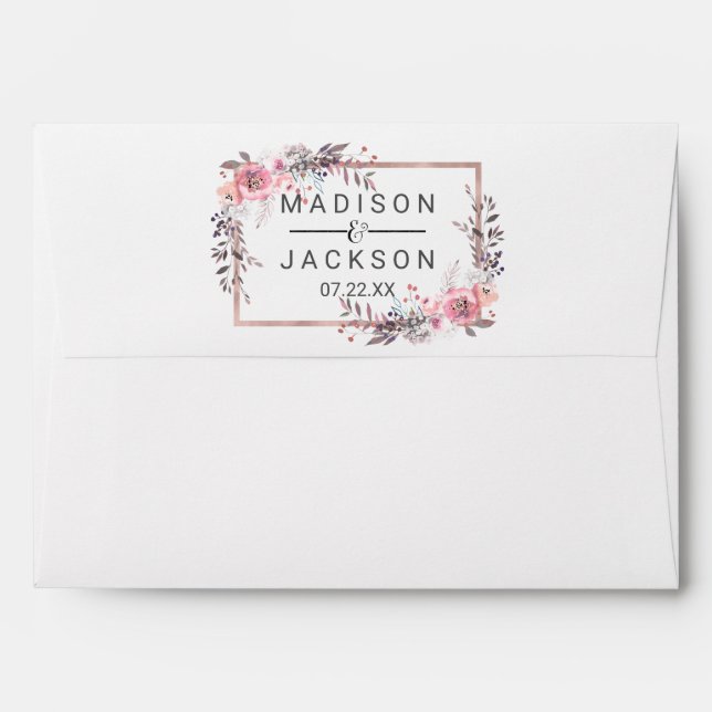 Blush & Rose Gold Framed Floral Wedding Monogram Envelope (Back (Top Flap))