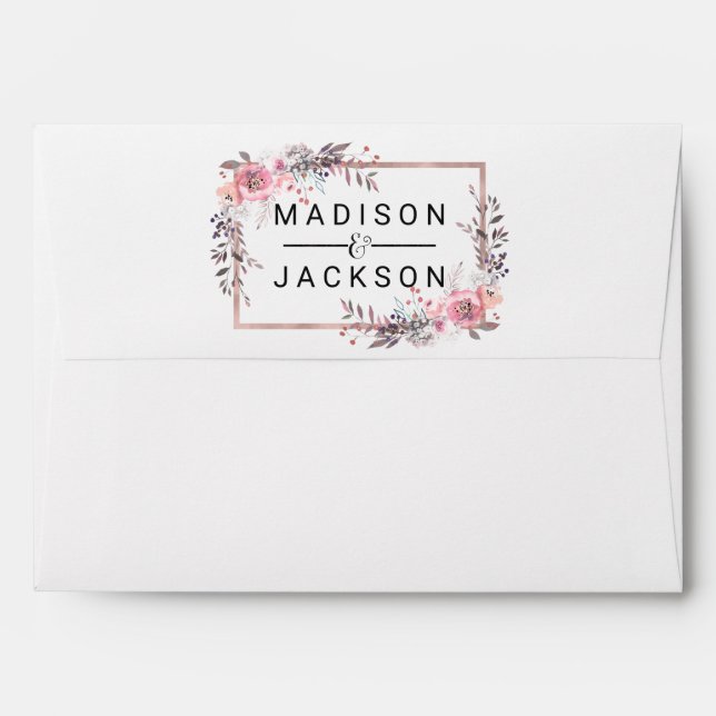 Blush & Rose Gold Framed Floral Wedding Monogram Envelope (Back (Top Flap))
