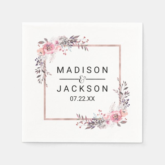 Blush & Rose Gold Framed Floral Wedding Monogram Paper Napkins (Front)