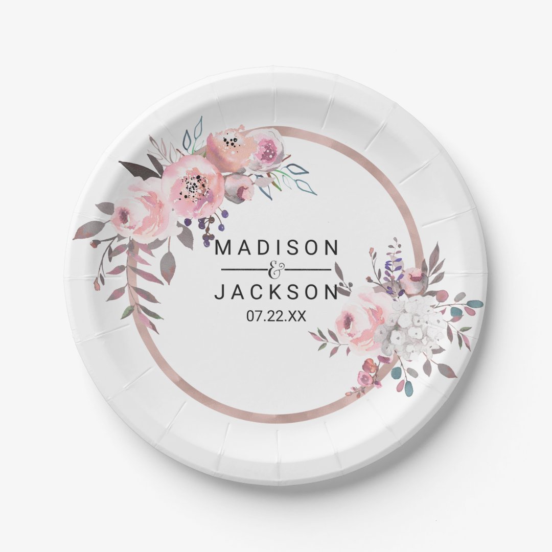 Blush & Rose Gold Framed Floral Wedding Monogram Paper Plates | Zazzle