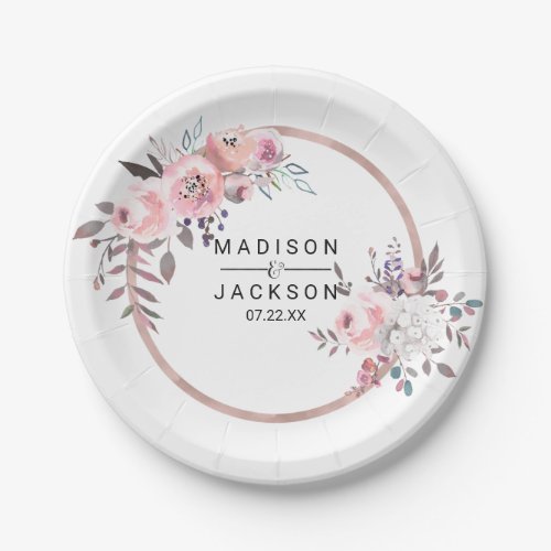 Blush  Rose Gold Framed Floral Wedding Monogram Paper Plates