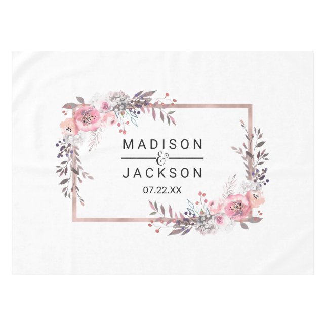 Blush & Rose Gold Framed Floral Wedding Monogram Tablecloth (Front (Horizontal))