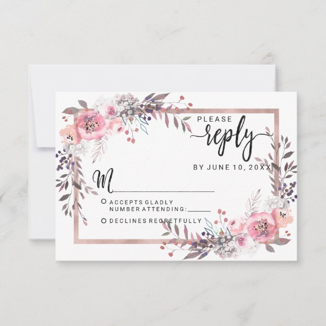 Blush & Rose Gold Framed Floral Wedding Reply RSVP (Front)