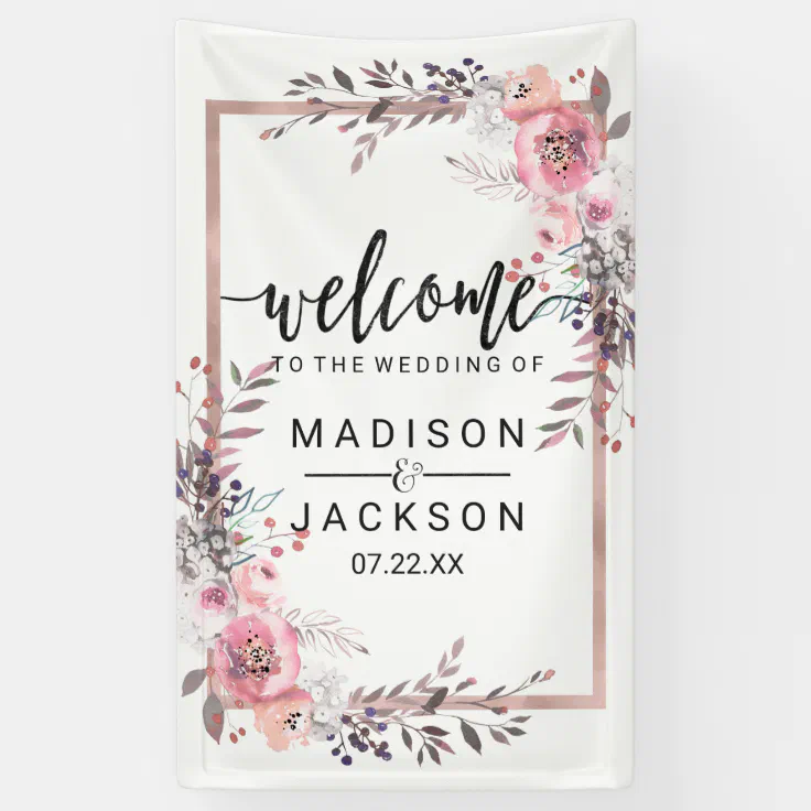 Blush & Rose Gold Framed Floral Wedding Welcome Banner | Zazzle