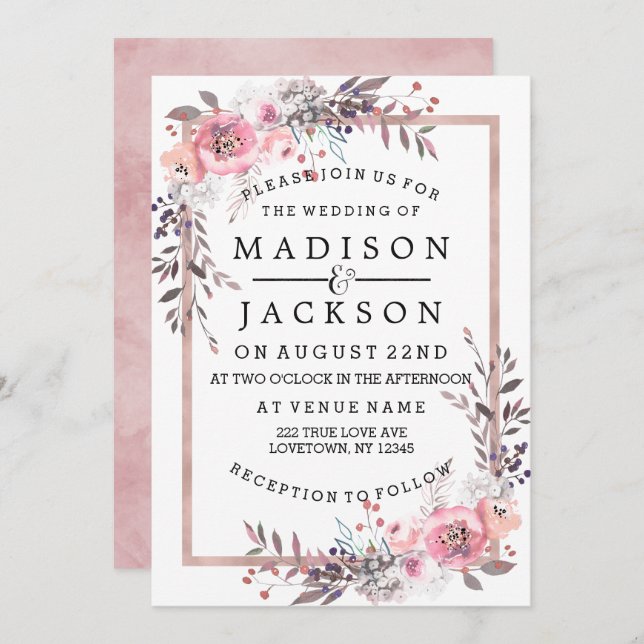 Blush & Rose Gold Framed Wedding Invitations (Front/Back)