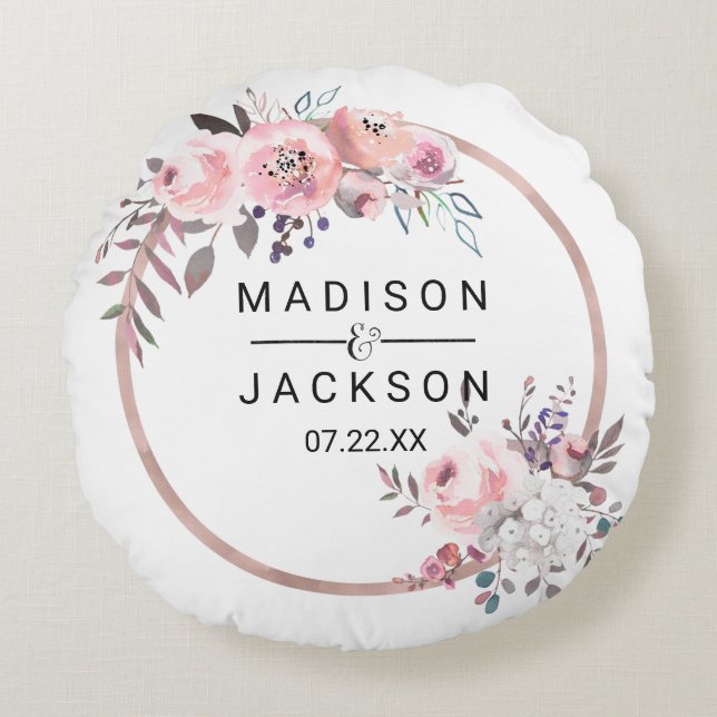 Blush & Rose Gold Framed Wedding Ring Bearer Round Pillow (Front)