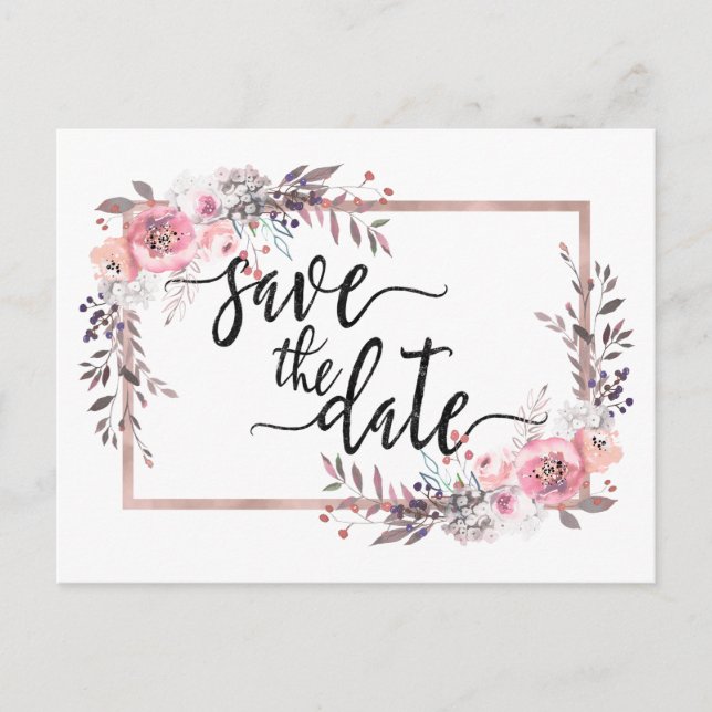 Blush & Rose Gold Framed Wedding Save the Date Announcement Postcard (Front)