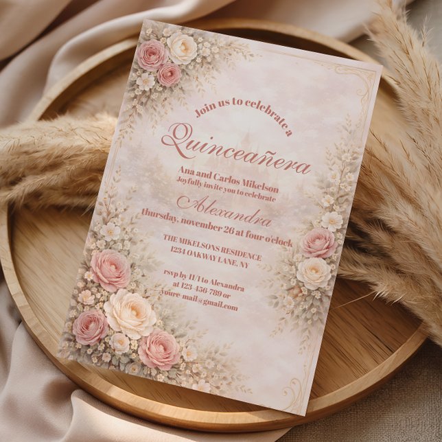 Blush Rose Gold Garden Quinceañera Invitation (Creator Uploaded)