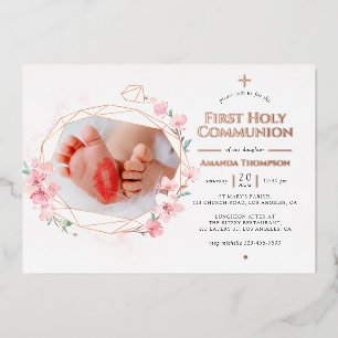 Blush & Rose Gold Geometric Floral Holy Communion Foil Invitation