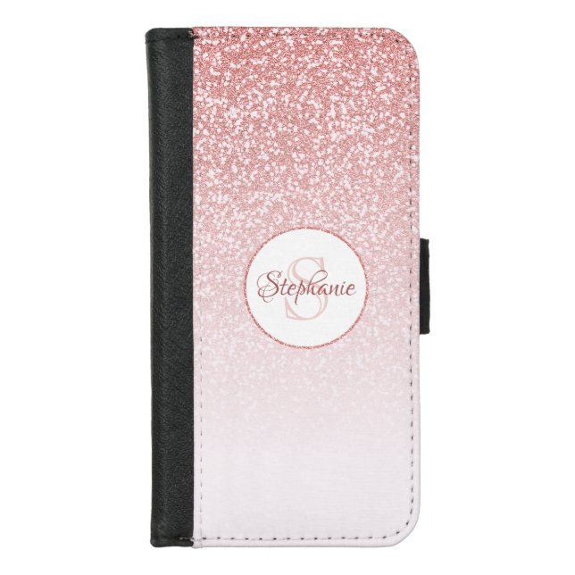 Blush Rose Gold Gitter Ombre Round Monogram iPhone Wallet Case (Front)