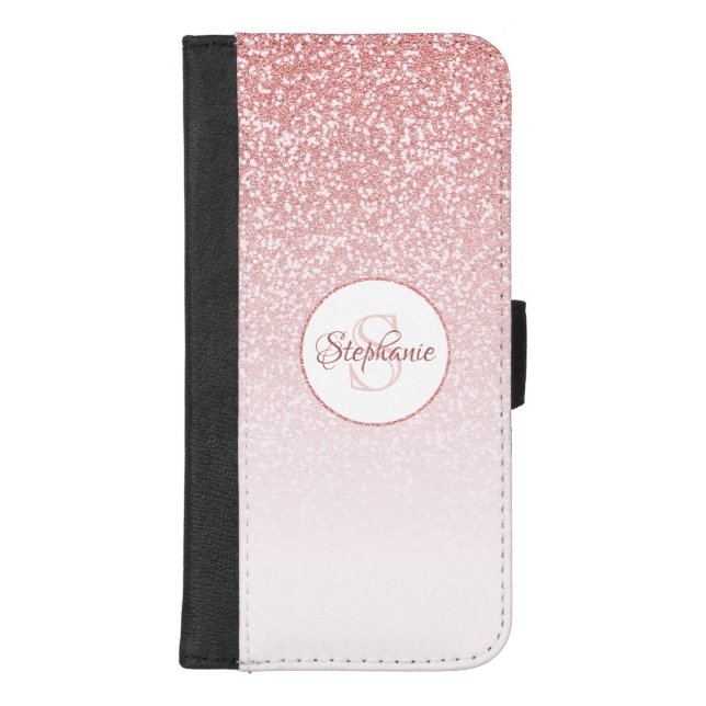 Blush Rose Gold Gitter Ombre Round Monogram iPhone Wallet Case (Front)