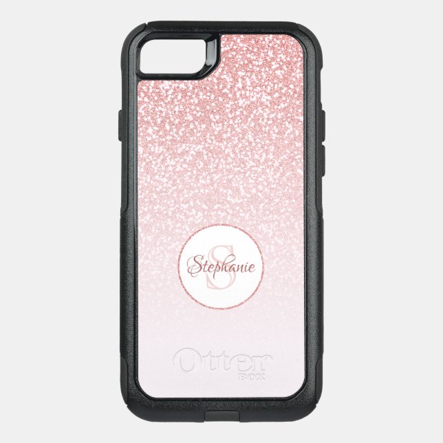 Blush Rose Gold Gitter Ombre Round Monogram Otterbox iPhone Case (Back)
