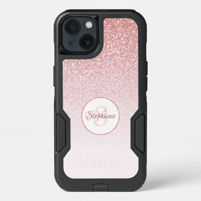 Blush Rose Gold Gitter Ombre Round Monogram Otterbox iPhone Case (Back)