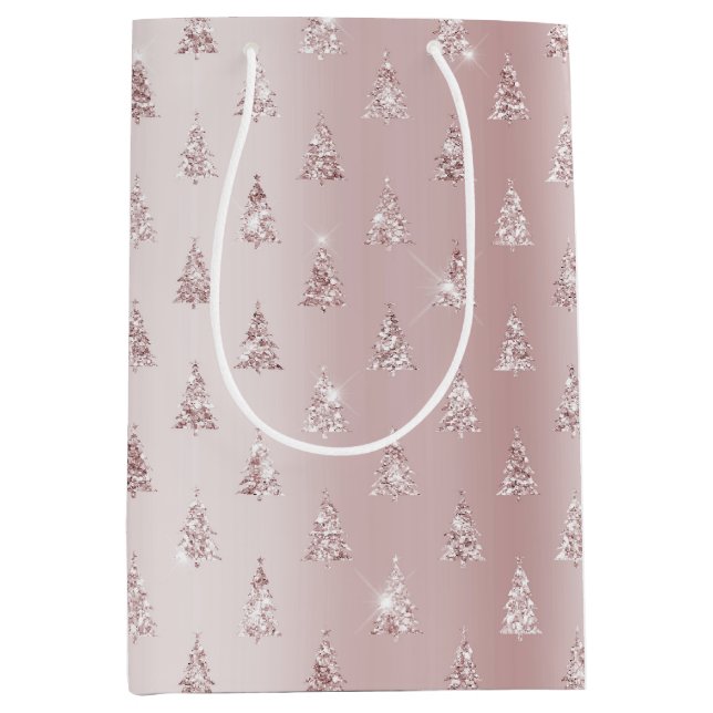 Blush Rose Gold Glitter Christmas Trees Medium Gift Bag (Front)