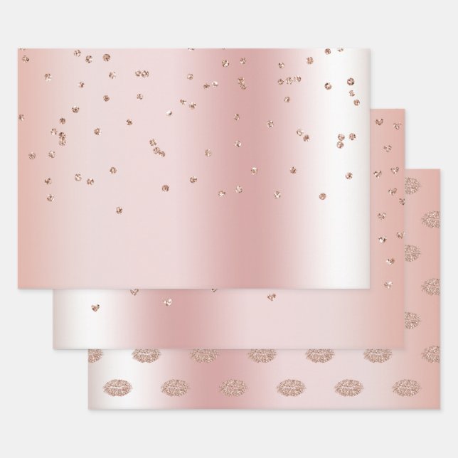 Blush Rose Gold Glitter Confetti Kisses Hearts Wrapping Paper Sheets (Set)