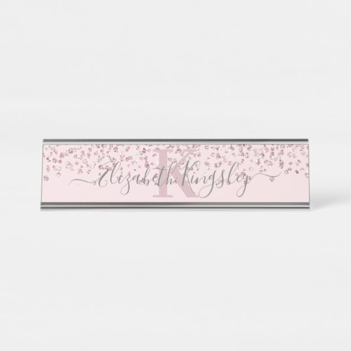 Blush Rose Gold Glitter Diamond Monogram Desk Name Plate