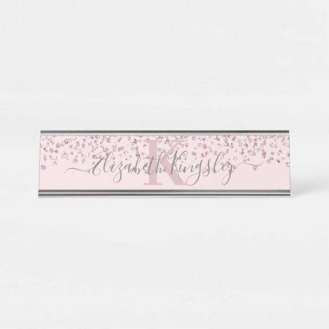 Blush Rose Gold Glitter Diamond Monogram Desk Name Plate (Front)